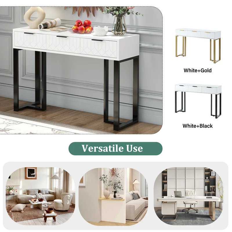 Console design noir et blanc motifs gémétriques et piétement metalique 120x36x80cm MOMENTUMRIF