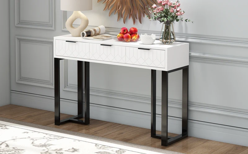 Console design noir et blanc motifs gémétriques et piétement metalique 120x36x80cm MOMENTUMRIF