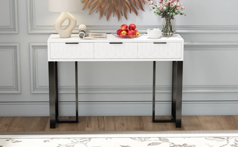 Console design noir et blanc motifs gémétriques et piétement metalique 120x36x80cm MOMENTUMRIF