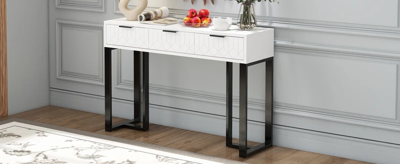 Console design noir et blanc motifs gémétriques et piétement metalique 120x36x80cm MOMENTUMRIF