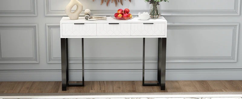 Console design noir et blanc motifs gémétriques et piétement metalique 120x36x80cm MOMENTUMRIF
