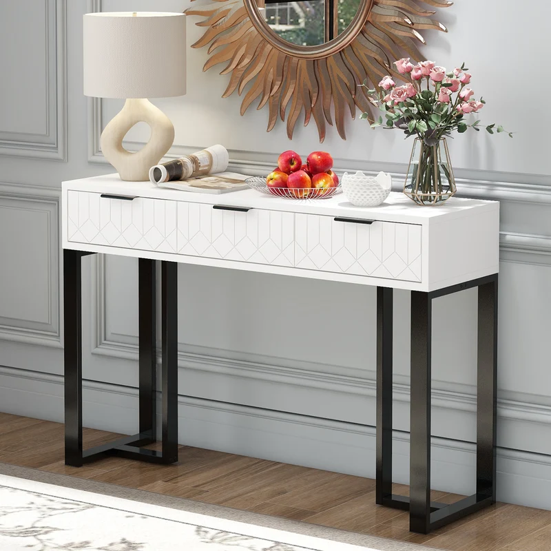 Console design noir et blanc motifs gémétriques et piétement metalique 120x36x80cm MOMENTUMRIF