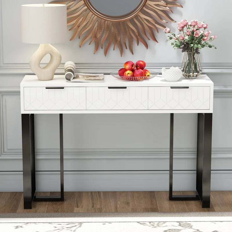 Console design noir et blanc motifs gémétriques et piétement metalique 120x36x80cm MOMENTUMRIF