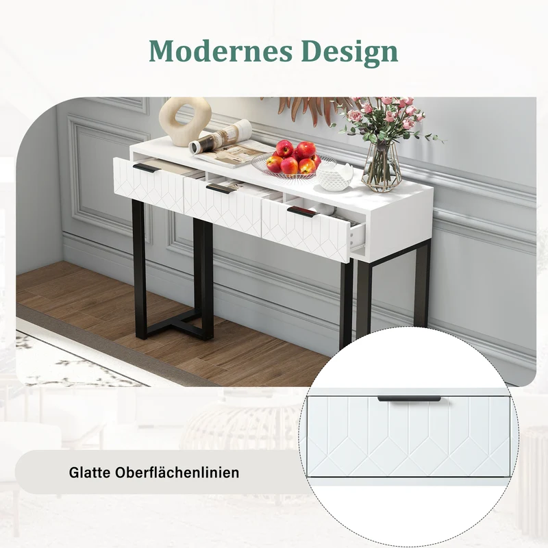 Console design noir et blanc motifs gémétriques et piétement metalique 120x36x80cm MOMENTUMRIF