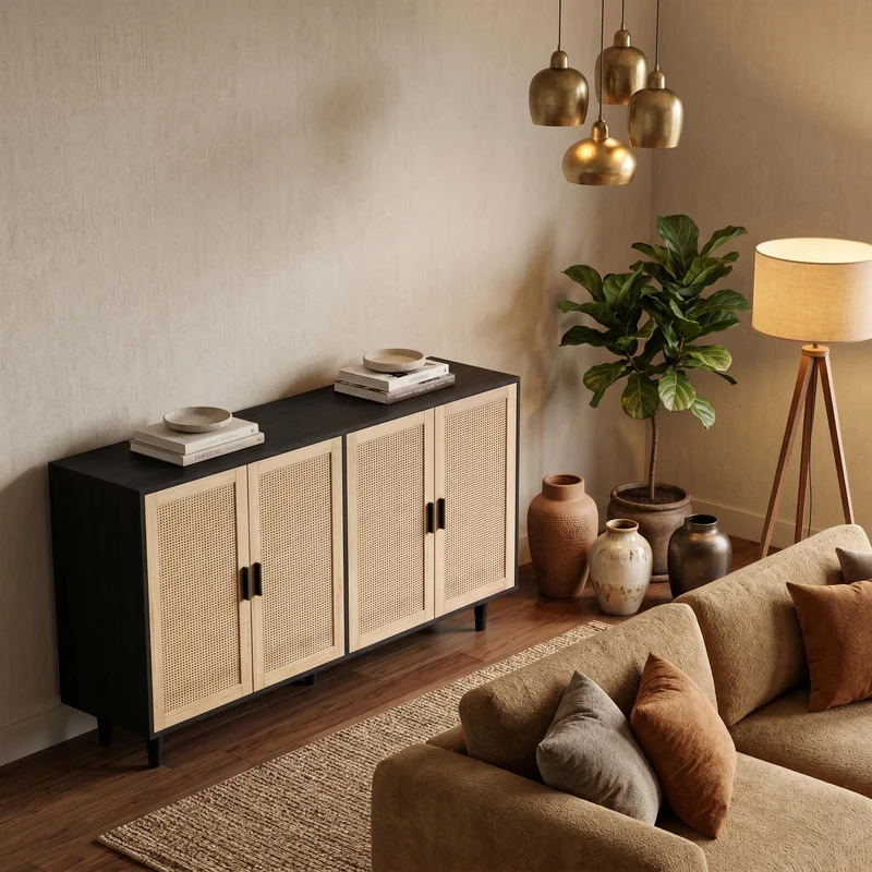 Buffet noir avec 4 portes en cannage de rotin et design scandinave MOMENTUMCASCADEE