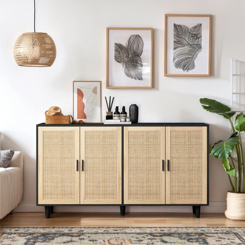 Buffet noir avec 4 portes en cannage de rotin et design scandinave MOMENTUMCASCADEE