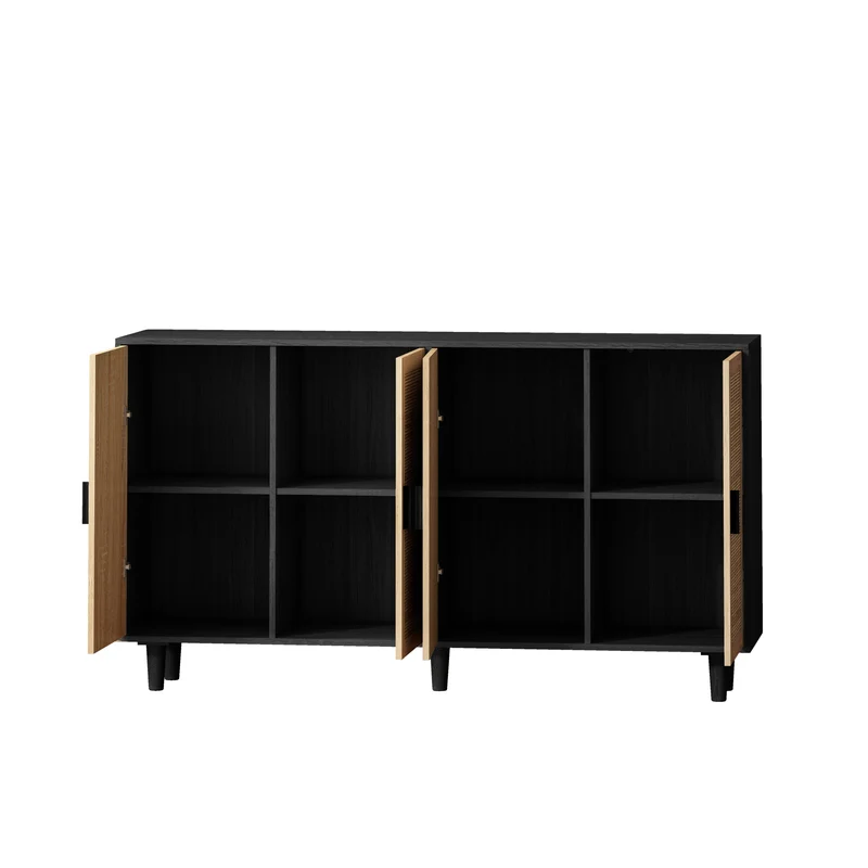 Buffet noir avec 4 portes en cannage de rotin et design scandinave MOMENTUMCASCADEE