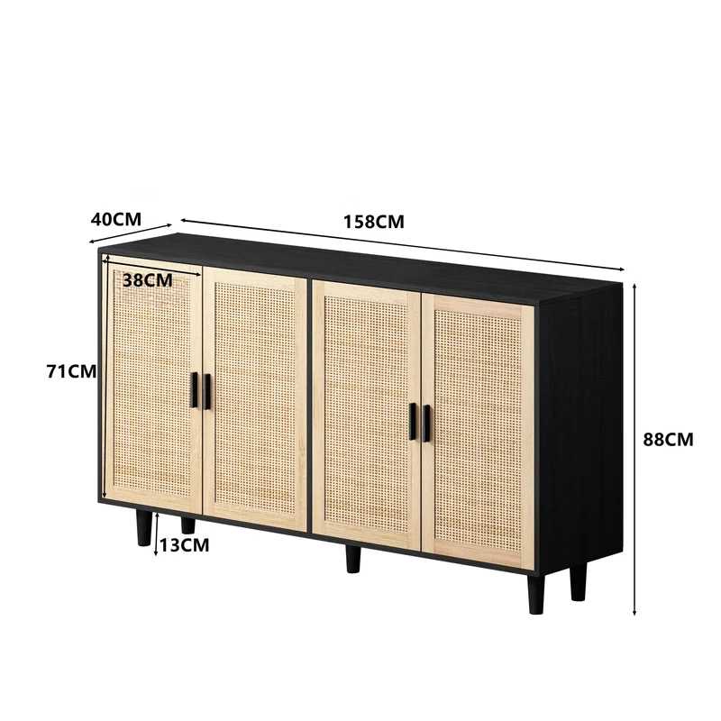 Buffet noir avec 4 portes en cannage de rotin et design scandinave MOMENTUMCASCADEE