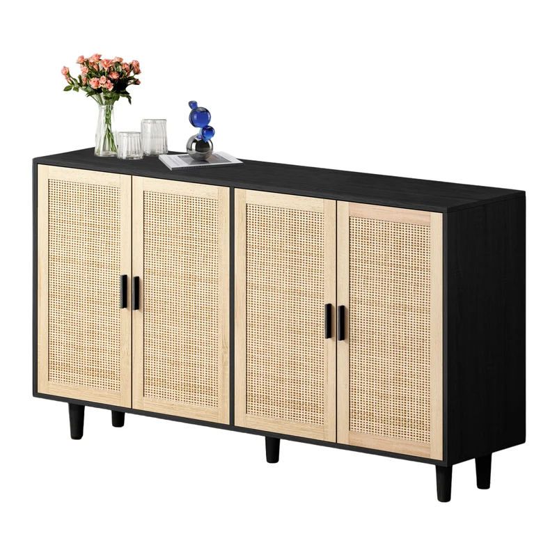 Buffet noir avec 4 portes en cannage de rotin et design scandinave MOMENTUMCASCADEE