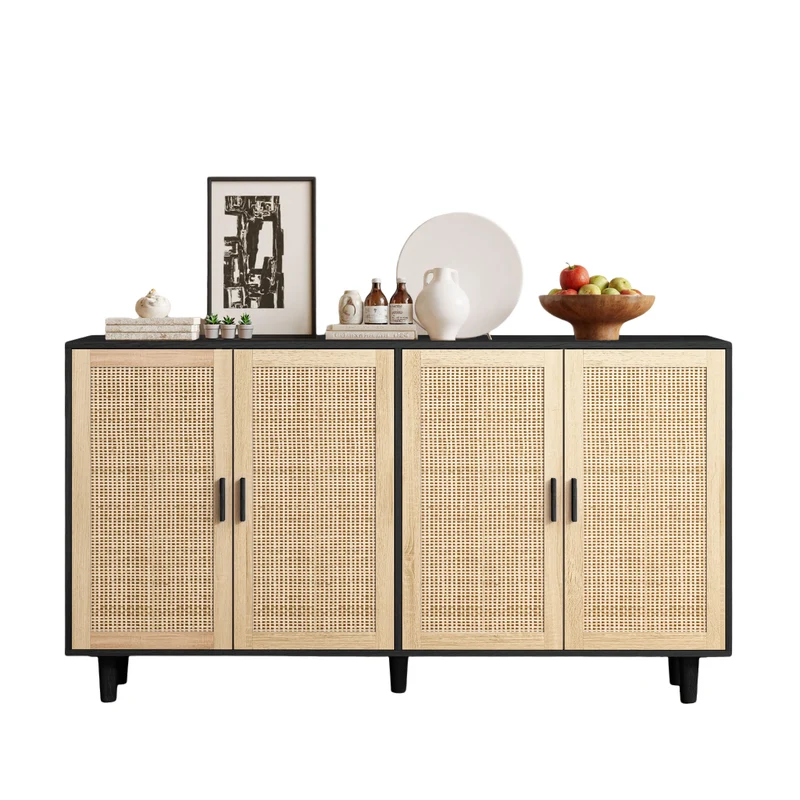 Buffet noir avec 4 portes en cannage de rotin et design scandinave MOMENTUMCASCADEE
