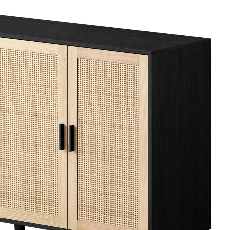 Buffet noir avec 4 portes en cannage de rotin et design scandinave MOMENTUMCASCADEE