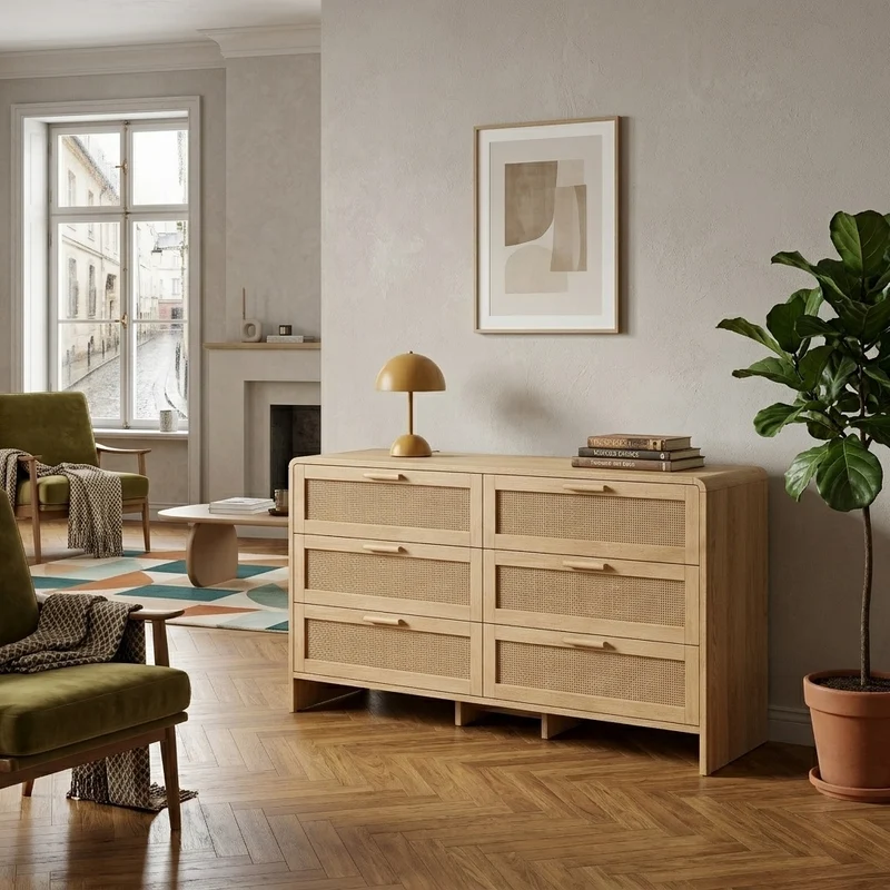 Buffet style naturel en rotin 6 tiroirs 130x40x74cm MOMENTUMMERIDIA