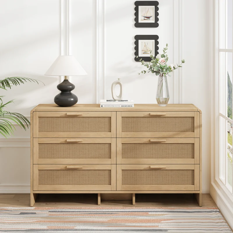 Buffet style naturel en rotin 6 tiroirs 130x40x74cm MOMENTUMMERIDIA
