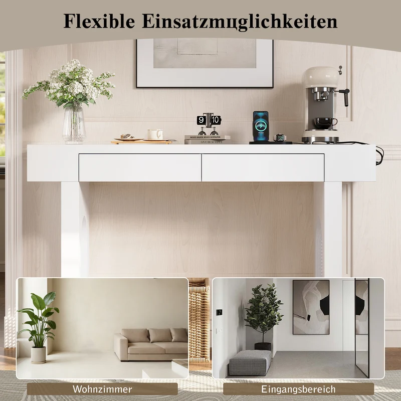 Console blanche pieds en rotin 2 tiroirs et avec prises & USB 120x35,5x76,5 cm MOMENTUMCLAR