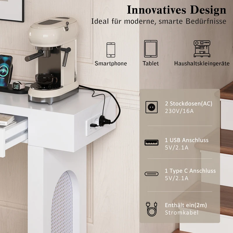 Console blanche pieds en rotin 2 tiroirs et avec prises & USB 120x35,5x76,5 cm MOMENTUMCLAR