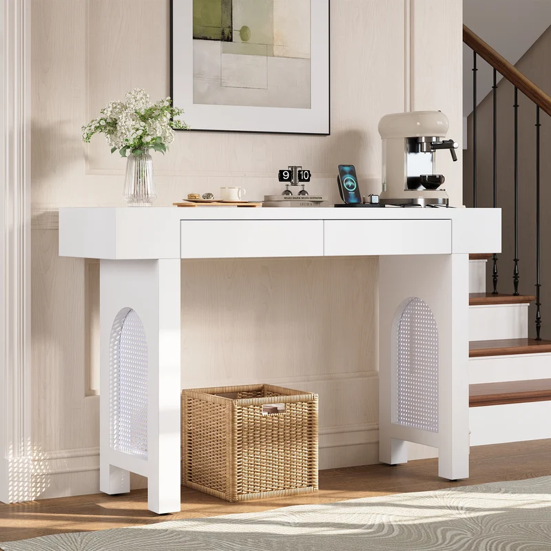 Console blanche pieds en rotin 2 tiroirs et avec prises & USB 120x35,5x76,5 cm MOMENTUMCLAR