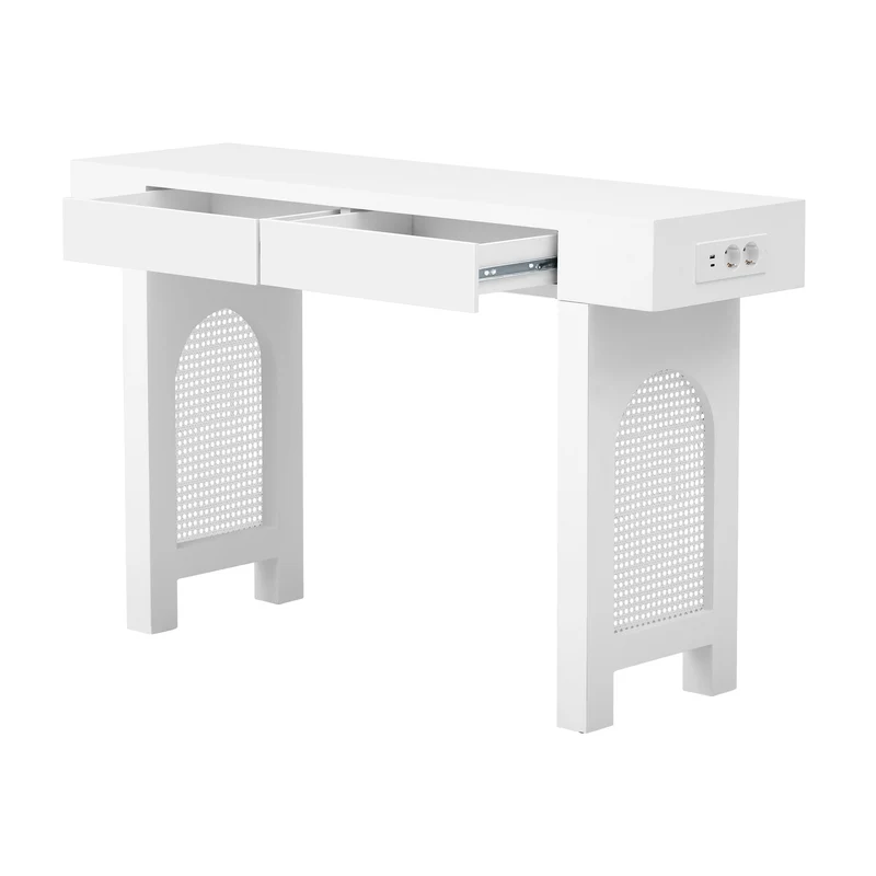 Console blanche pieds en rotin 2 tiroirs et avec prises & USB 120x35,5x76,5 cm MOMENTUMCLAR