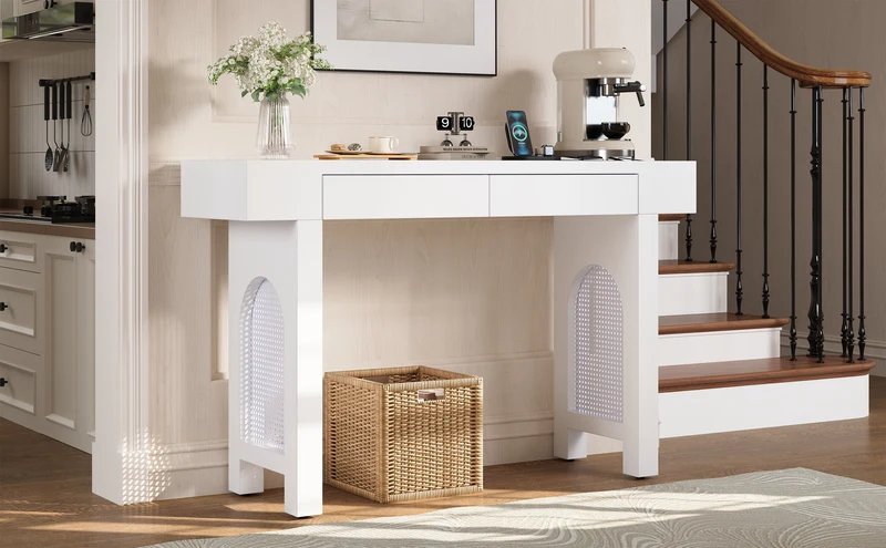 Console blanche pieds en rotin 2 tiroirs et avec prises & USB 120x35,5x76,5 cm MOMENTUMCLAR
