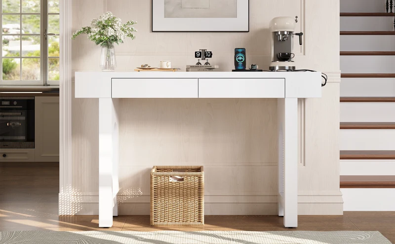 Console blanche pieds en rotin 2 tiroirs et avec prises & USB 120x35,5x76,5 cm MOMENTUMCLAR