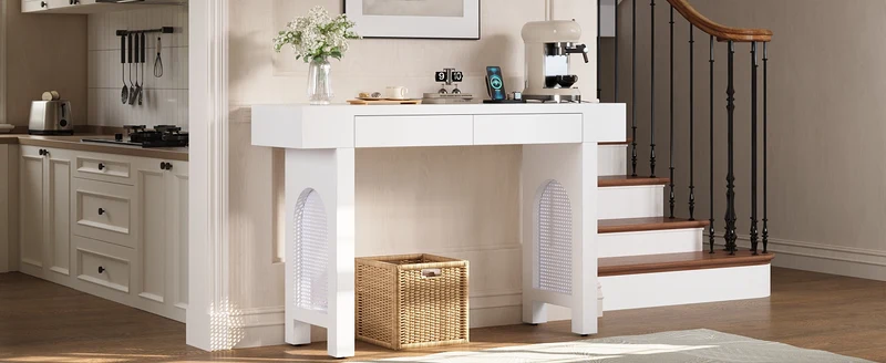 Console blanche pieds en rotin 2 tiroirs et avec prises & USB 120x35,5x76,5 cm MOMENTUMCLAR