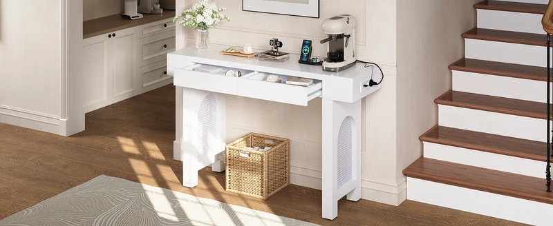 Console blanche pieds en rotin 2 tiroirs et avec prises & USB 120x35,5x76,5 cm MOMENTUMCLAR