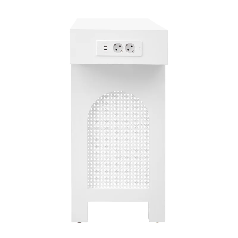 Console blanche pieds en rotin 2 tiroirs et avec prises & USB 120x35,5x76,5 cm MOMENTUMCLAR