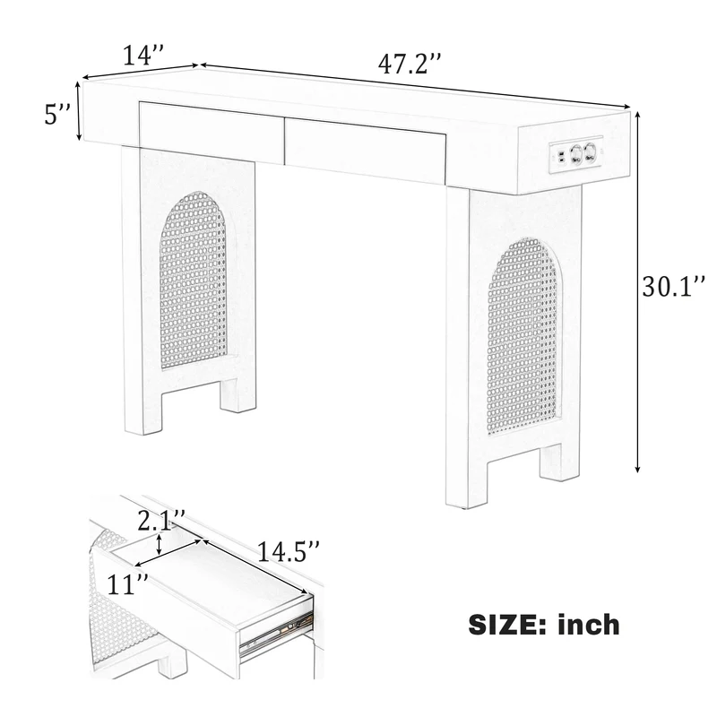 Console blanche pieds en rotin 2 tiroirs et avec prises & USB 120x35,5x76,5 cm MOMENTUMCLAR