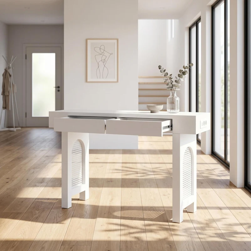 Console blanche pieds en rotin 2 tiroirs et avec prises & USB 120x35,5x76,5 cm MOMENTUMCLAR