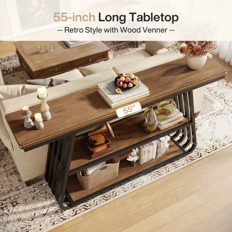 Tribesigns Console de 140 cm, Table basse à 3 niveaux avec structure en fer pour le salon