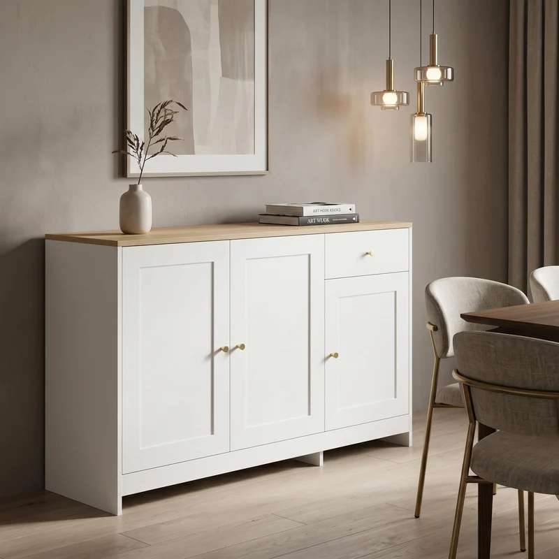 Buffet effet bois et blanc 3 portes 1 tiroir 120x40x75cm MOMENTUMINFI