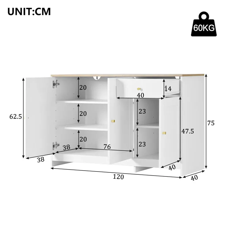 Buffet effet bois et blanc 3 portes 1 tiroir 120x40x75cm MOMENTUMINFI