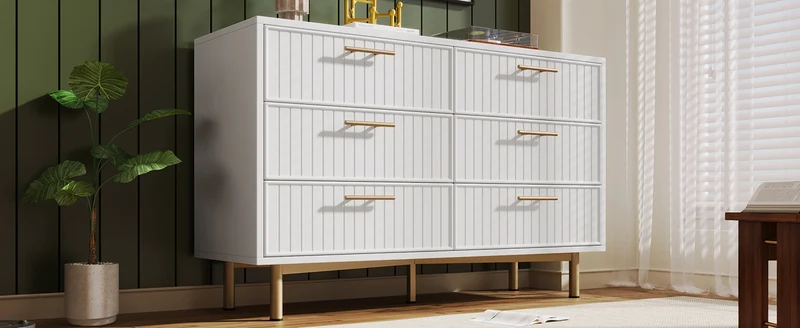 Buffet blanc design rayuré 6 tiroirs détails dorés 120x75x40 cm INFINITEQUASARX