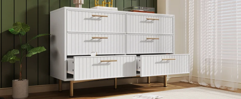 Buffet blanc design rayuré 6 tiroirs détails dorés 120x75x40 cm INFINITEQUASARX