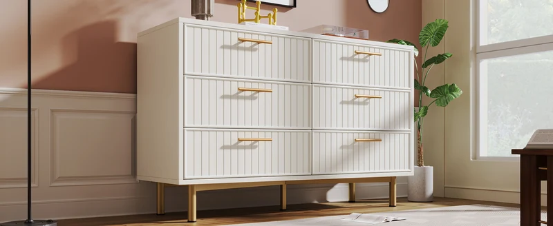 Buffet blanc design rayuré 6 tiroirs détails dorés 120x75x40 cm INFINITEQUASARX