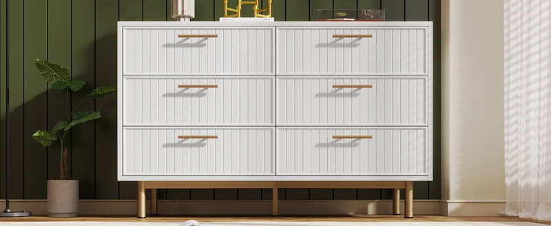 Buffet blanc design rayuré 6 tiroirs détails dorés 120x75x40 cm INFINITEQUASARX