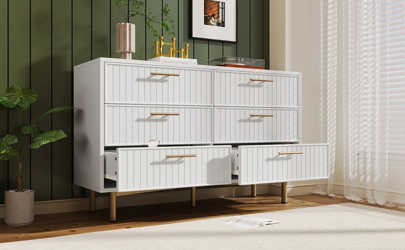 Buffet blanc design rayuré 6 tiroirs détails dorés 120x75x40 cm INFINITEQUASARX