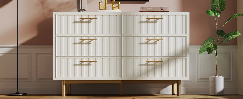 Buffet blanc design rayuré 6 tiroirs détails dorés 120x75x40 cm INFINITEQUASARX