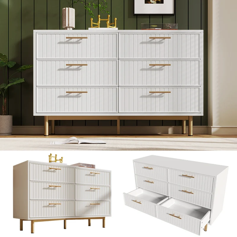 Buffet blanc design rayuré 6 tiroirs détails dorés 120x75x40 cm INFINITEQUASARX