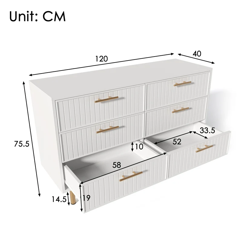Buffet blanc design rayuré 6 tiroirs détails dorés 120x75x40 cm INFINITEQUASARX