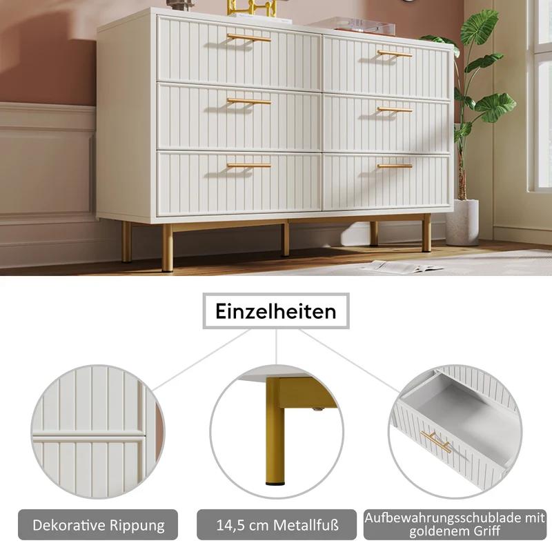 Buffet blanc design rayuré 6 tiroirs détails dorés 120x75x40 cm INFINITEQUASARX