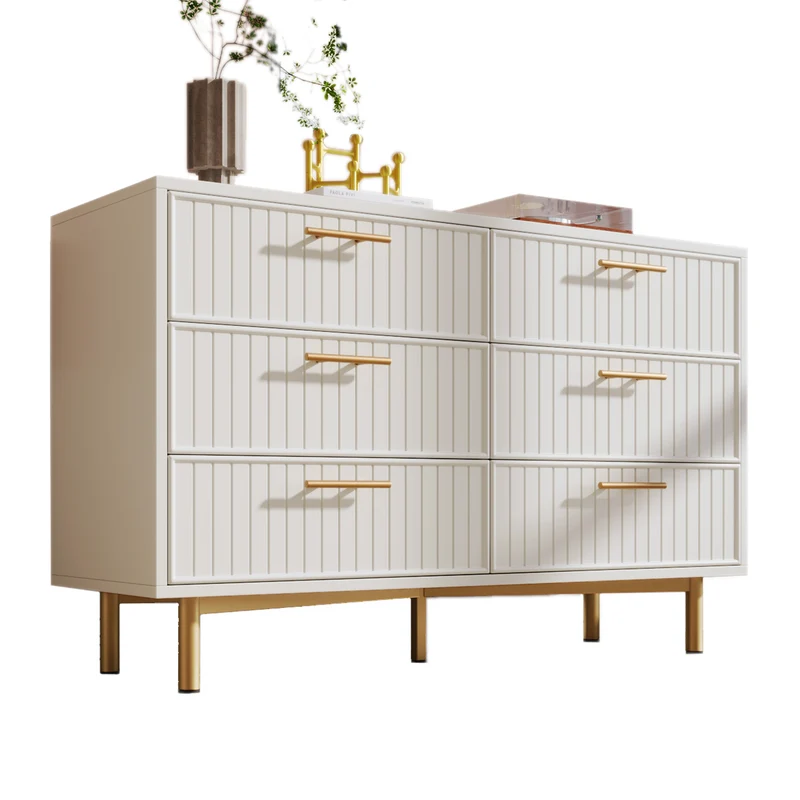 Buffet blanc design rayuré 6 tiroirs détails dorés 120x75x40 cm INFINITEQUASARX