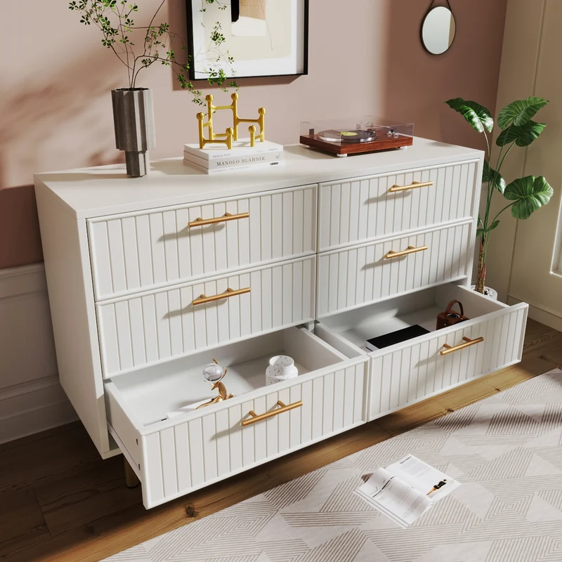 Buffet blanc design rayuré 6 tiroirs détails dorés 120x75x40 cm INFINITEQUASARX