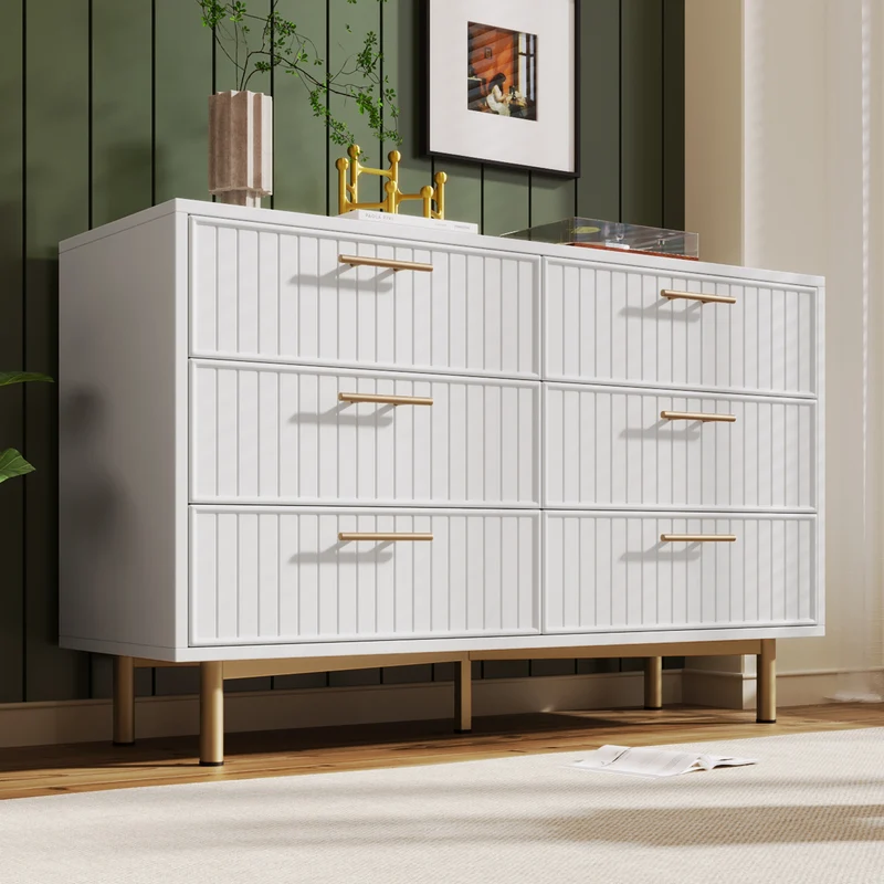Buffet blanc design rayuré 6 tiroirs détails dorés 120x75x40 cm INFINITEQUASARX