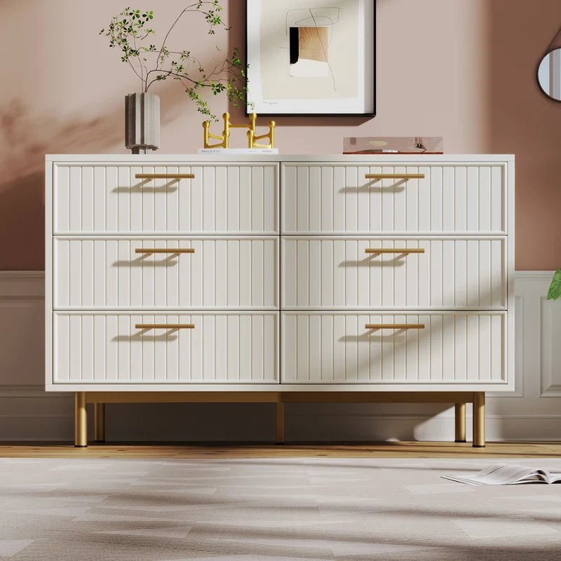 Buffet blanc design rayuré 6 tiroirs détails dorés 120x75x40 cm INFINITEQUASARX