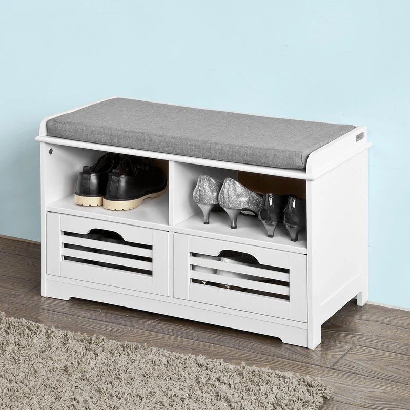 SoBuy FSR36-K-W Banc à Chaussures avec Coussin Rembourré et Rangement, Meuble d'Entrée Compact – 71x35x43 cm, Blanc