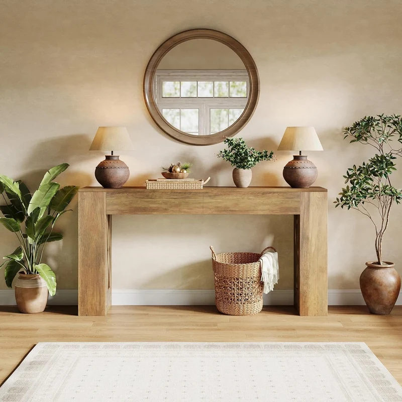 Tribesigns Console de style maison de campagne de 160 cm, Table d'entrée étroite avec 2 tiroirs et pieds en X