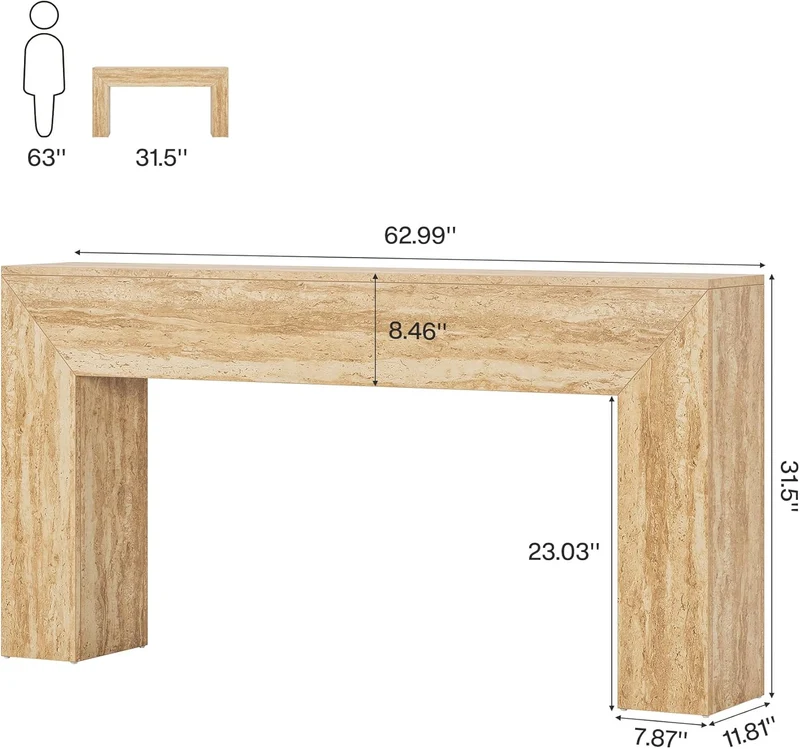 Table basse 160 cm aspect travertin, Console fine pour couloir et salon avec structure stable