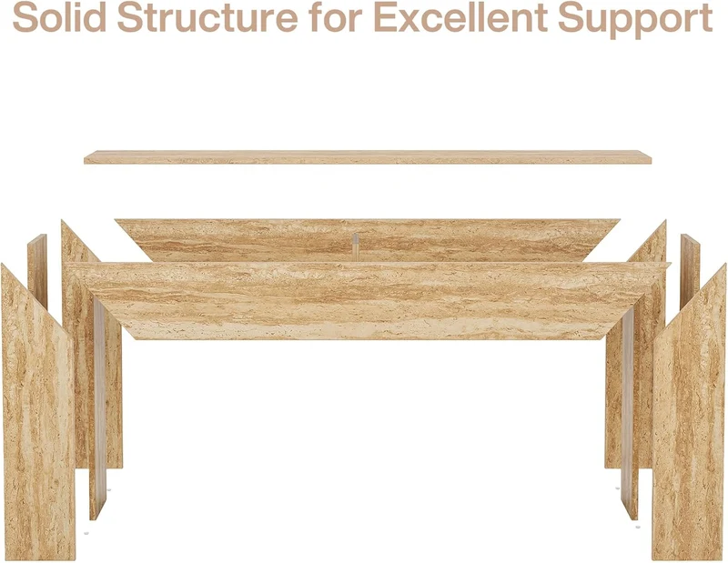 Table basse 160 cm aspect travertin, Console fine pour couloir et salon avec structure stable
