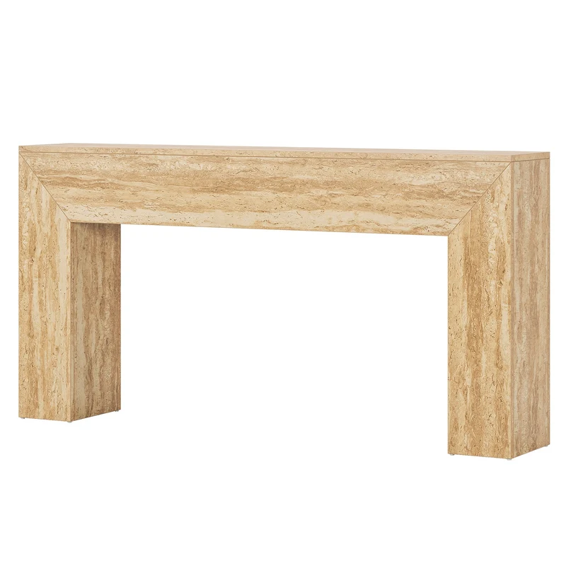 Table basse 160 cm aspect travertin, Console fine pour couloir et salon avec structure stable