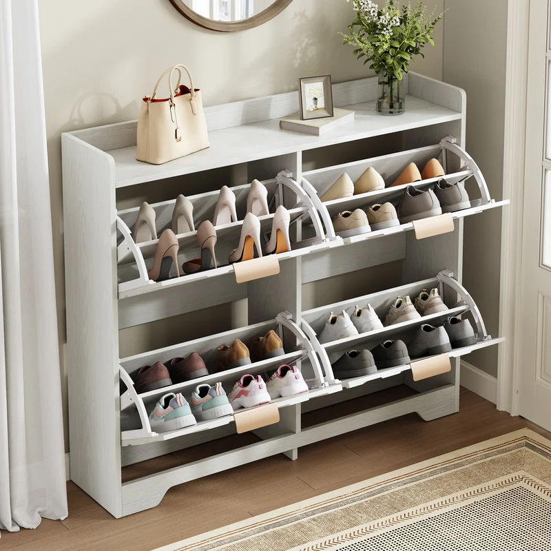 Meuble à chaussures blanc 4 portes abattants, design 3D 105x24x90cm FLAREUMM